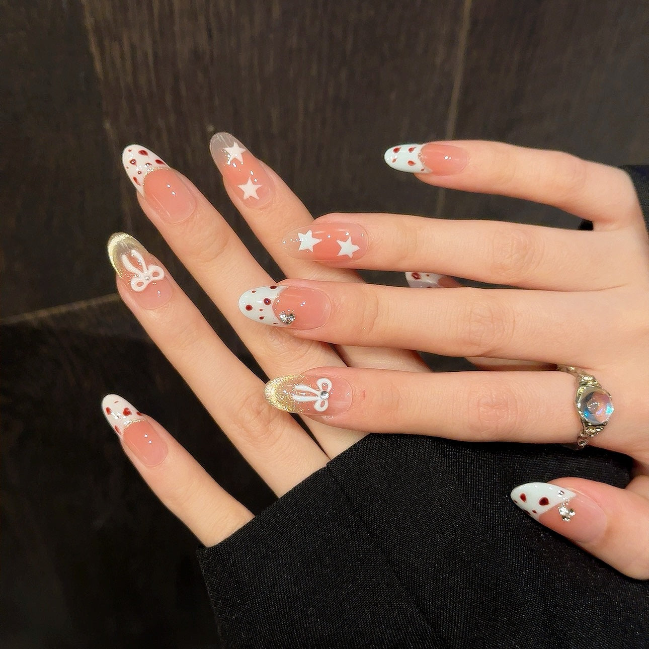 365nails: 수줍은 별 – 3D 리본 & 호피 패턴 수제 코핀형 네일