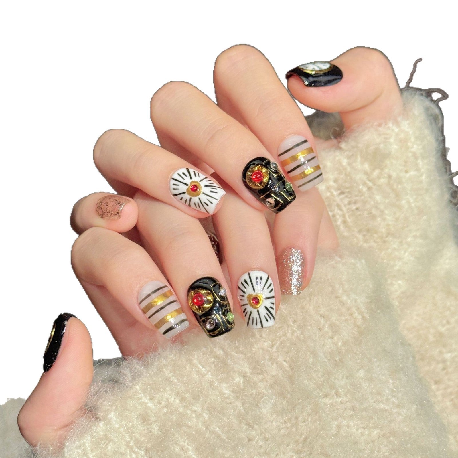 365nails: "Timeless Opulence" – 3D Watch & Heart Handmade Short Almond Nails
