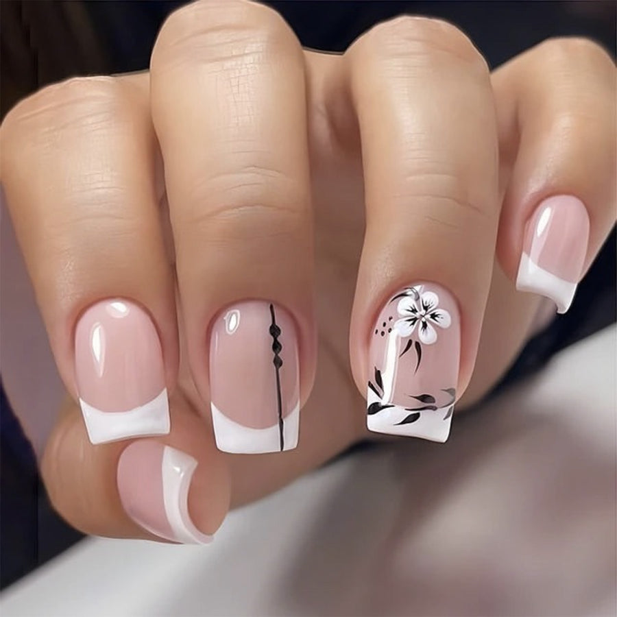 Manicura corta con armadura al por mayor, flor francesa blanca, hoja negra, uñas postizas | 365nails