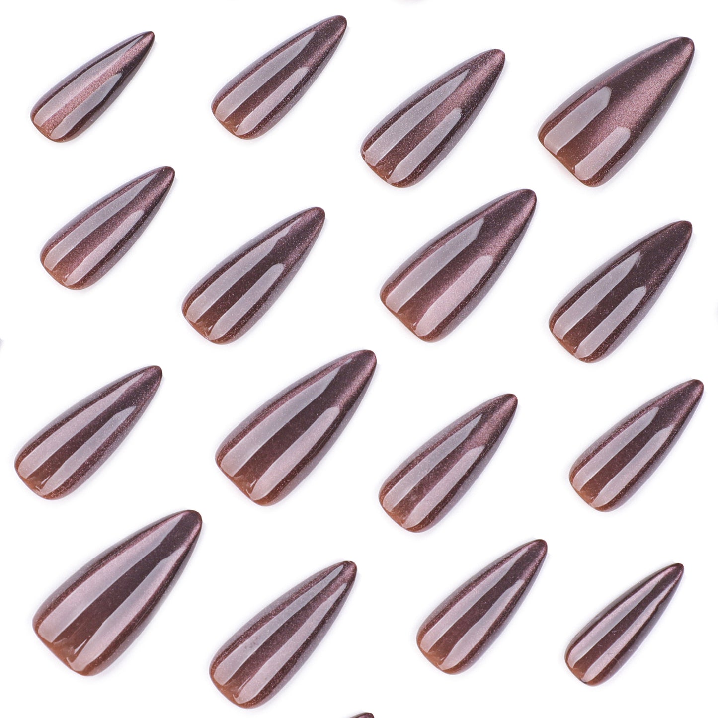 Brown solid color cat eye glitter press-on nails - medium length almond shape
