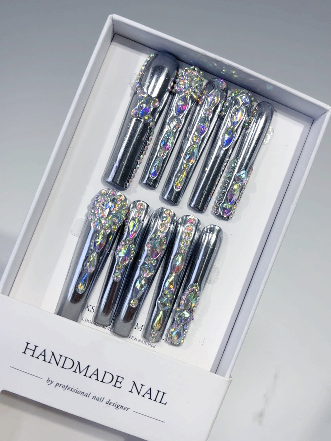 Silver Chrome Crystal Luxe Statement Press On Nails