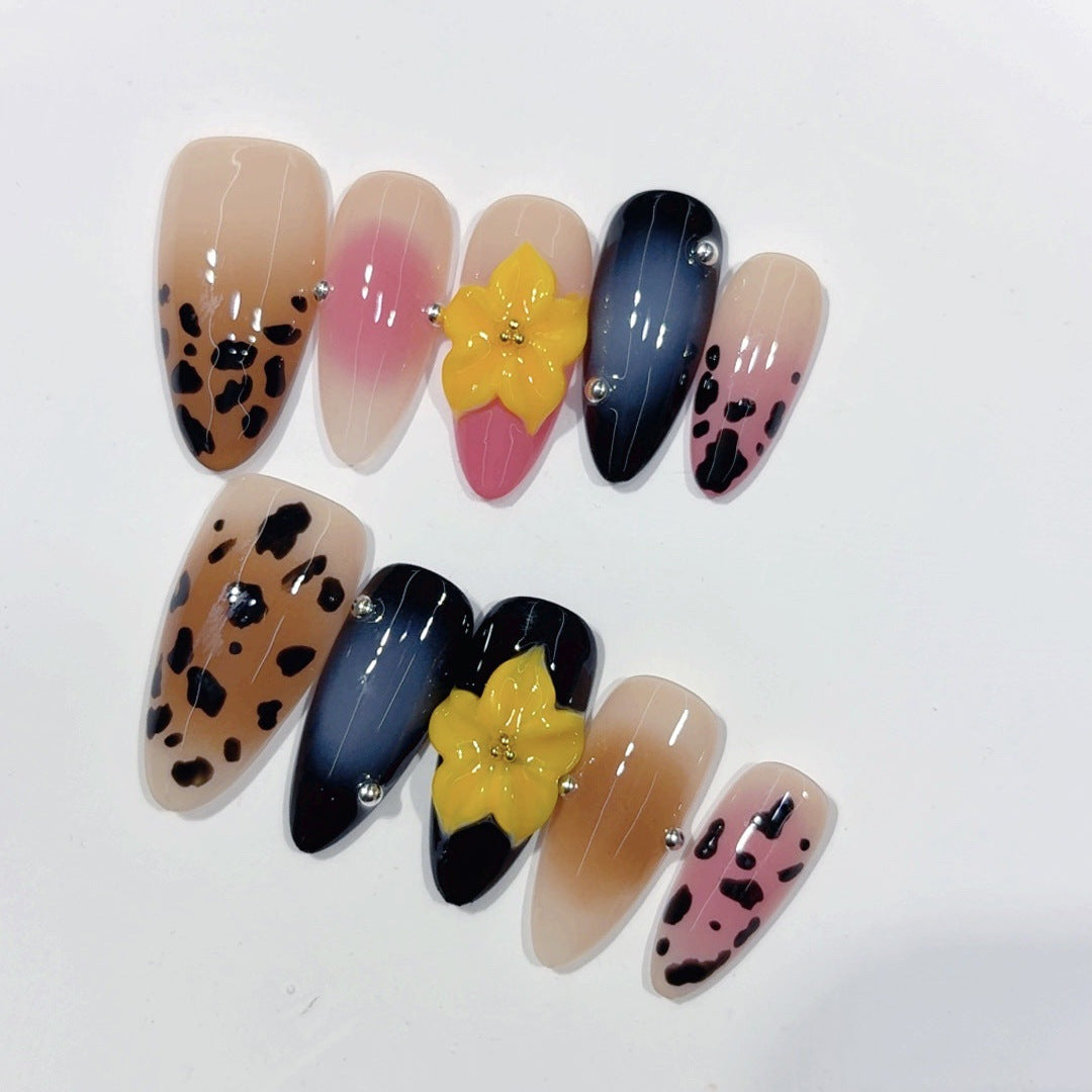 Wild Bloom: "Leopard & Flower" – Medium Almond Handmade Press On Nails