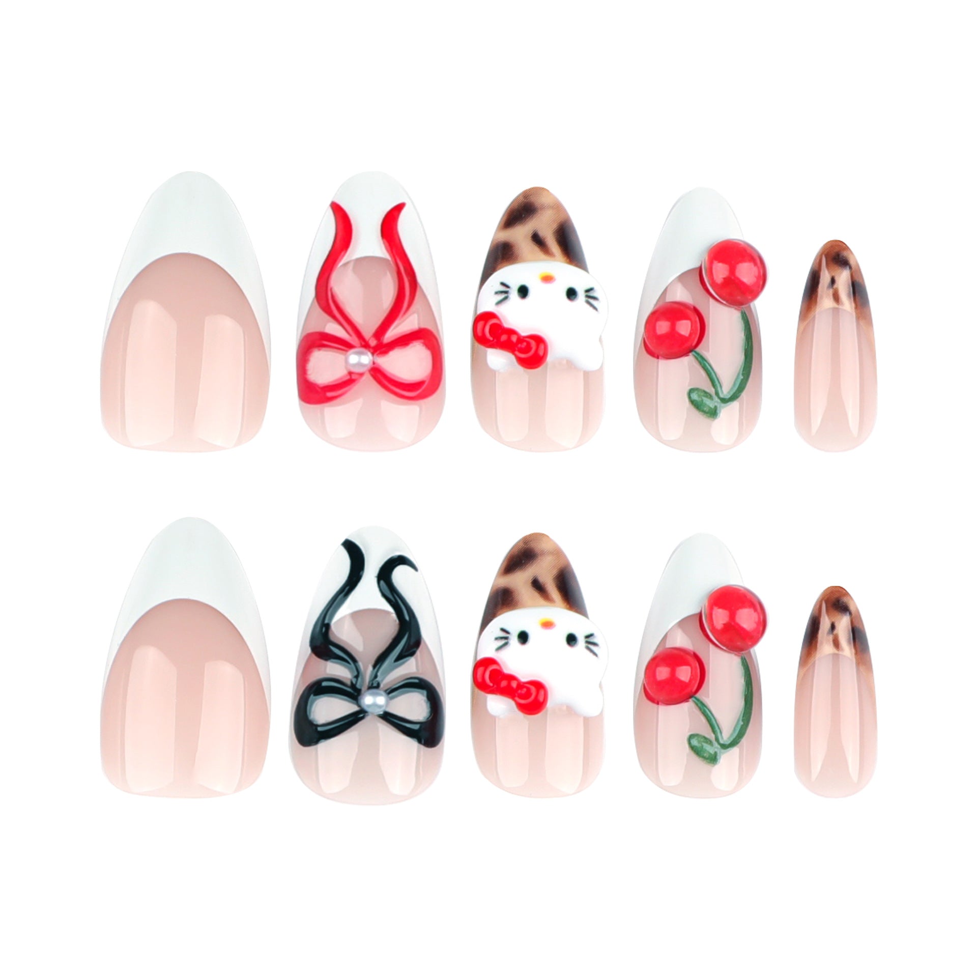 3D立體蝴蝶結可拆式法式可愛櫻桃短款杏仁形穿戴甲｜365nails