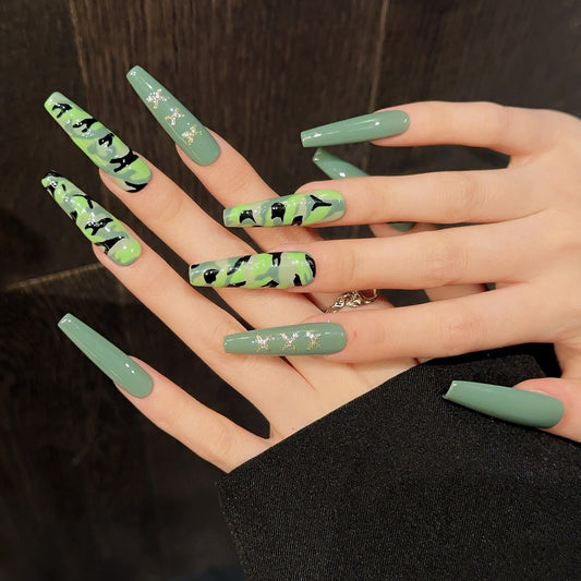 Camouflage Wear Nail Art Spring Summer Army Green Beauty Hand Painted fake nails Removable Nails | 365nails