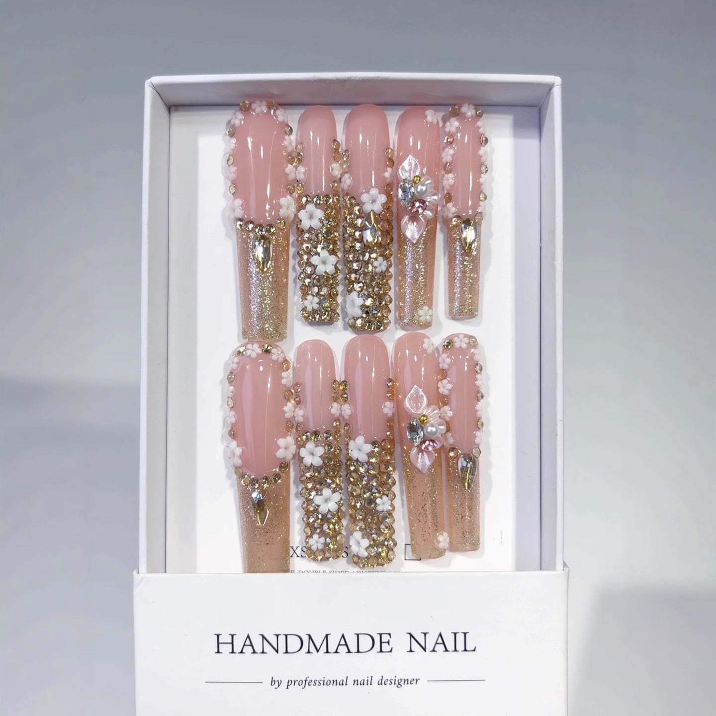 Blush Gold Floral Crystal Luxury Press On Nails