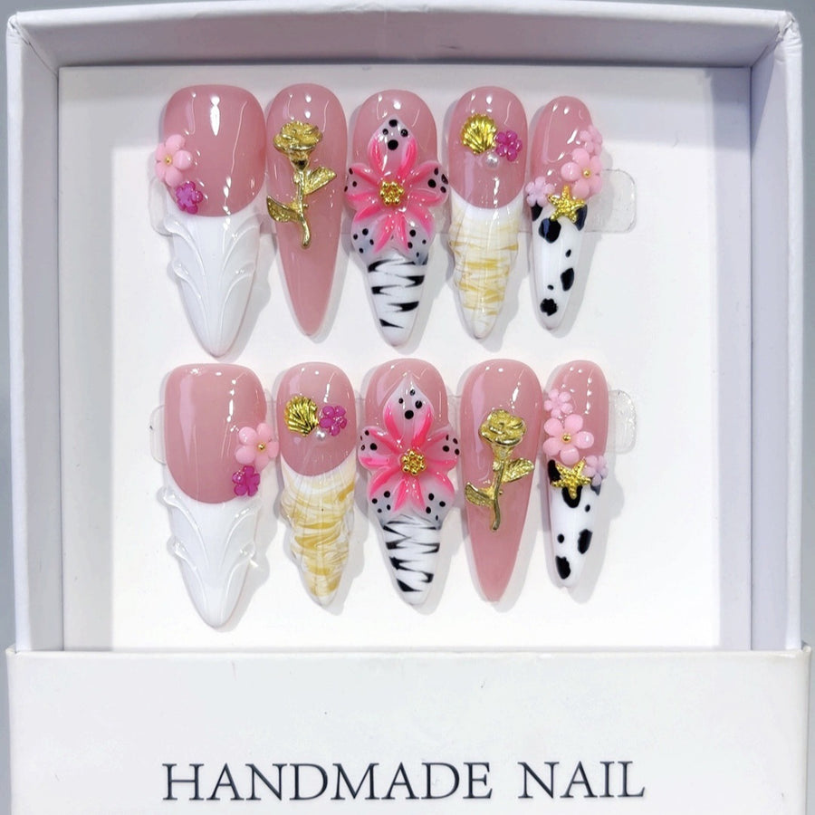 Whimsical Mix: "Floral & Animal Print" – Almond Press-On Nails