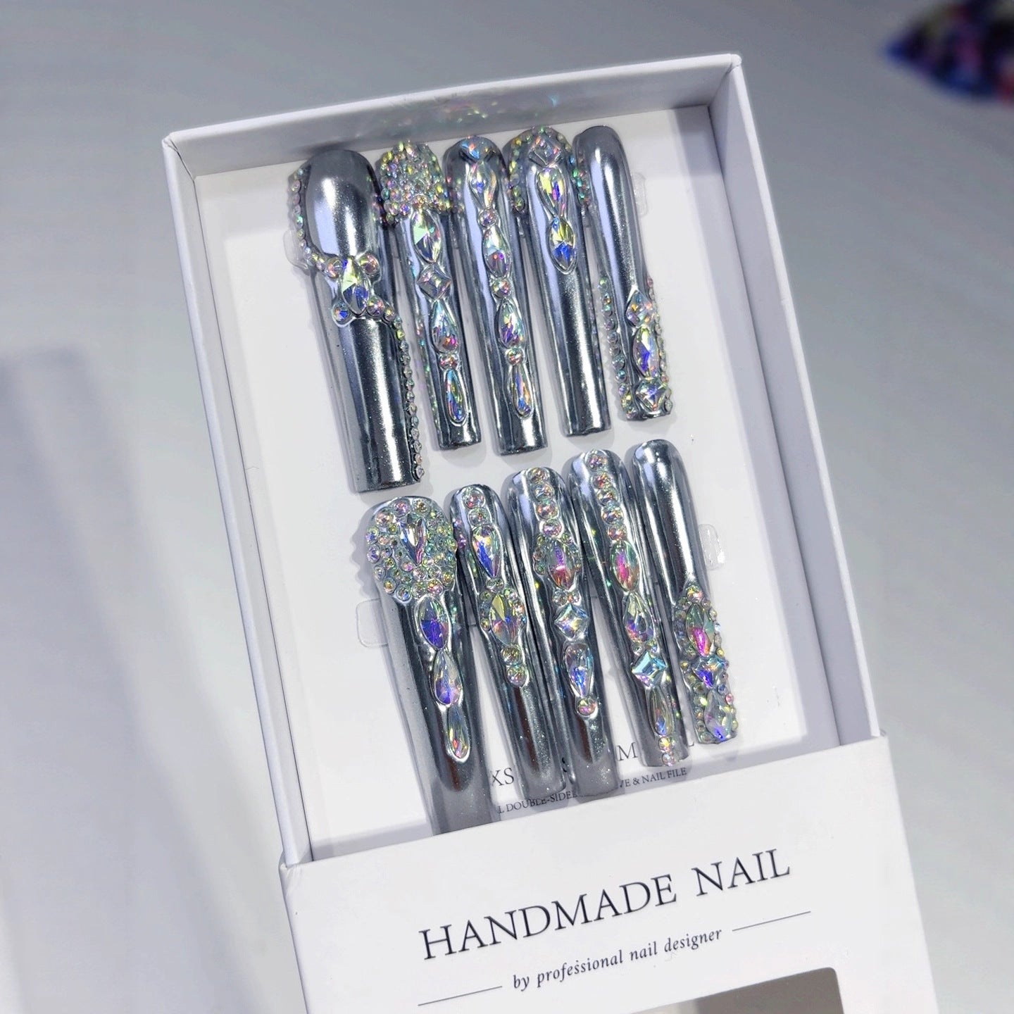 Silver Chrome Crystal Luxe Statement Press On Nails