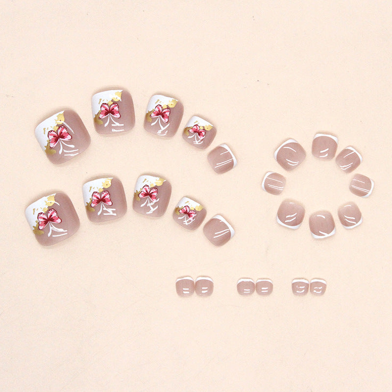 Puro deseo Uñas postizas para los pies a presión, manicura francesa blanca, lindas uñas postizas de mariposa rosa, para usar Uñas postizas para los pies a presión, pieza de uña postiza｜365nails