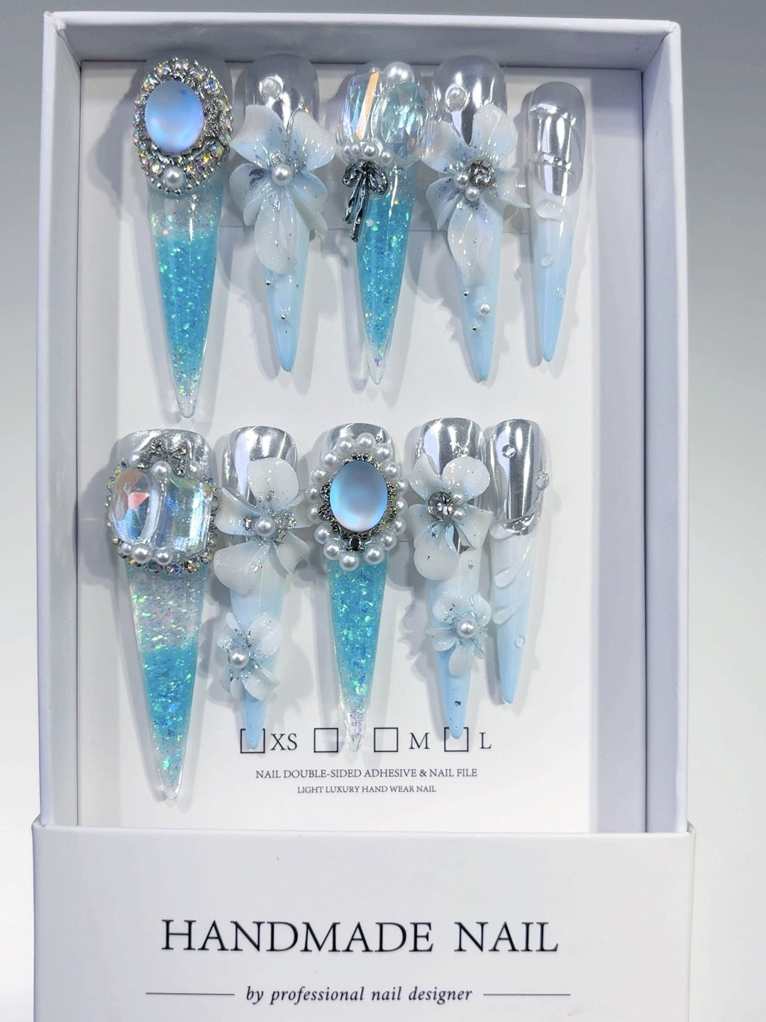 Icy Blue Sculpted Floral Crystal Fantasy Press On Nails