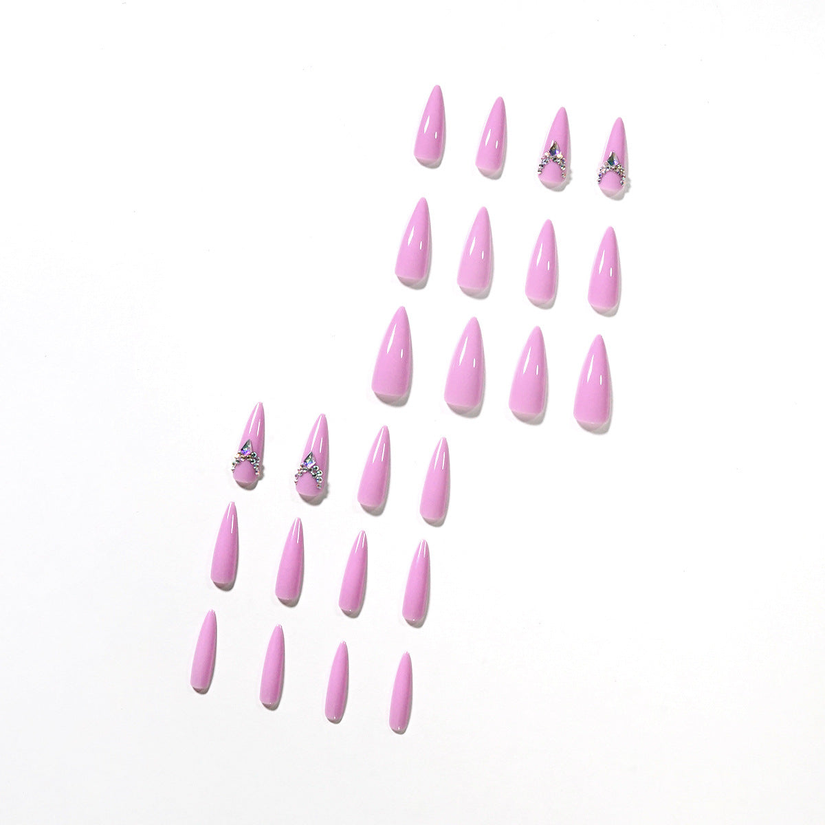 尖形長款粉紅芭蕾水鑽穿戴甲貼片（防水可移除）｜365nails