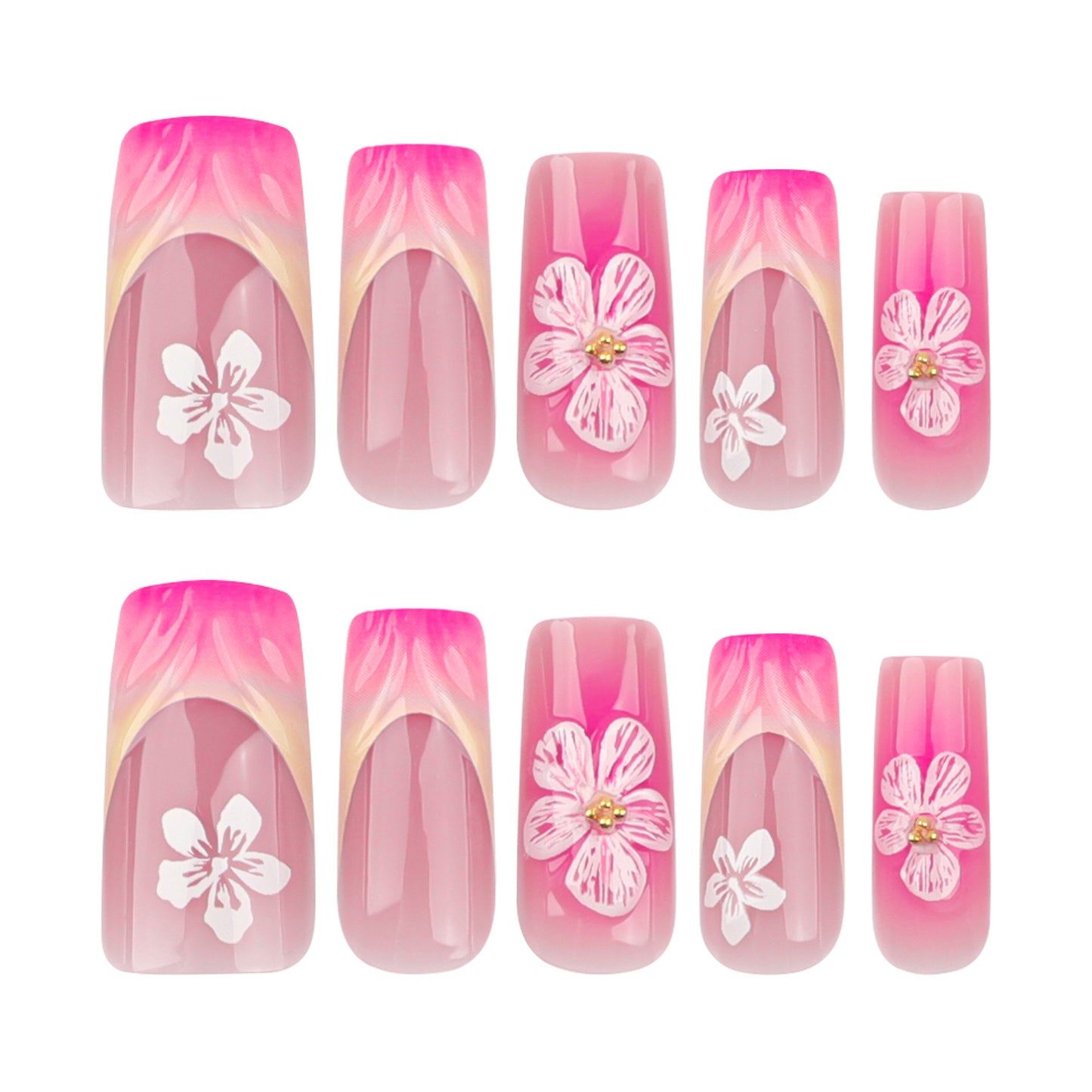 Manicure francesa 3D com mudança gradual, peça curta quadrada para unhas vestíveis, peça com acabamento em flor, atacado ｜365nails