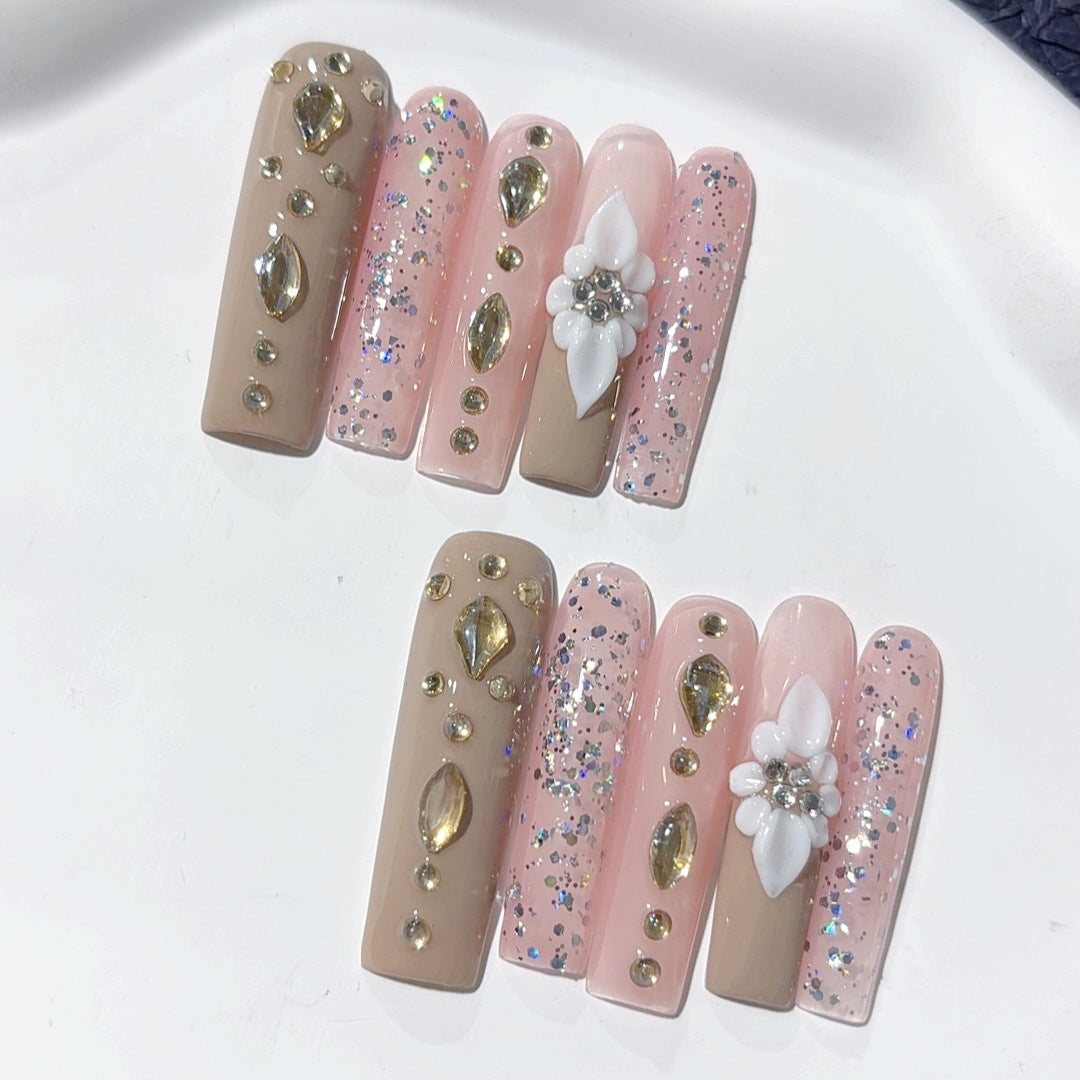 粉裸花卉水鑽奢華穿戴甲