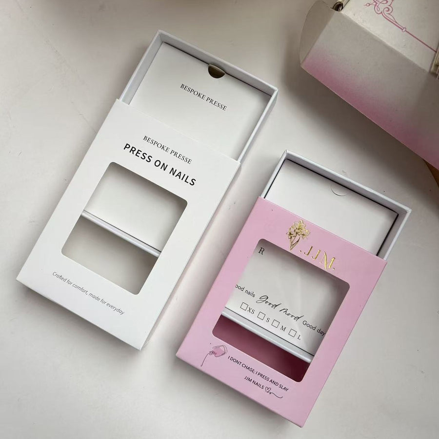 Boîte tiroir pour ongles press-on avec fenêtre transparente — boîte cadeau en papier épais