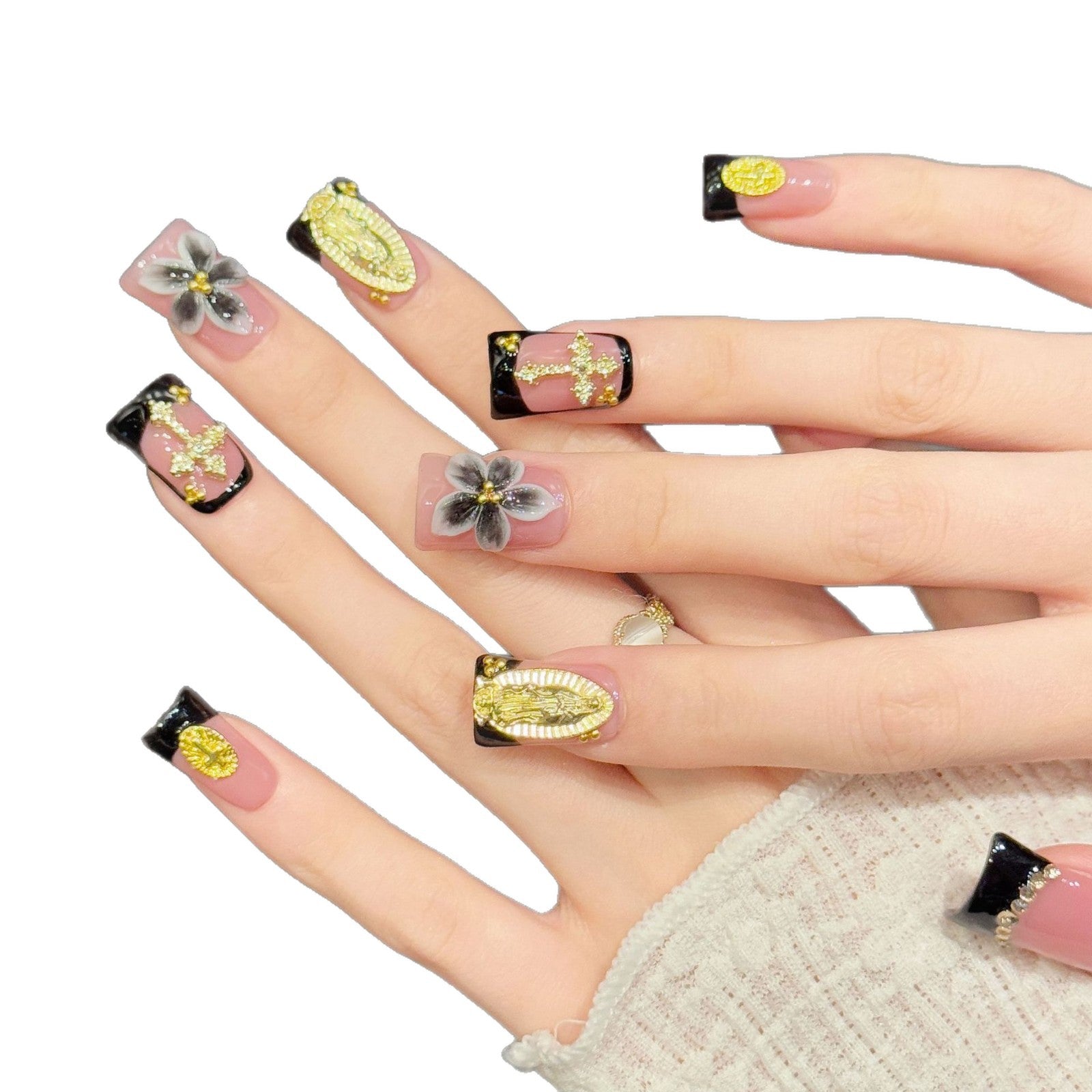 365nails: "Sacred Gold" – 3D Cross & Baroque Handmade Press on Nails Short Square Nails