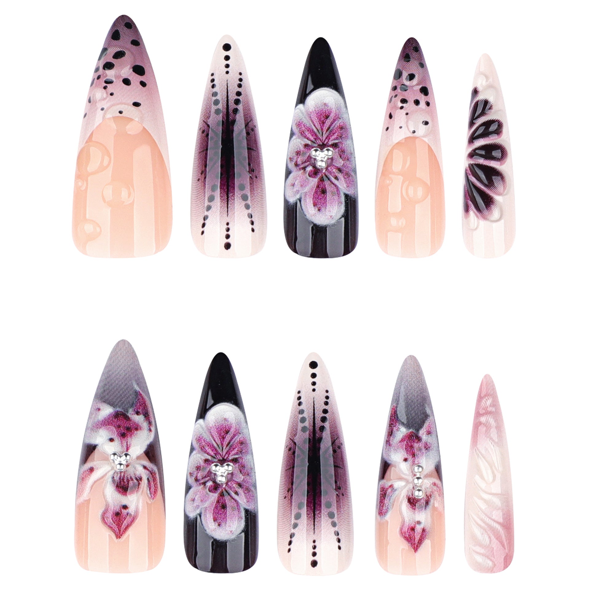 3d floral press-on nails, long stiletto french manicure