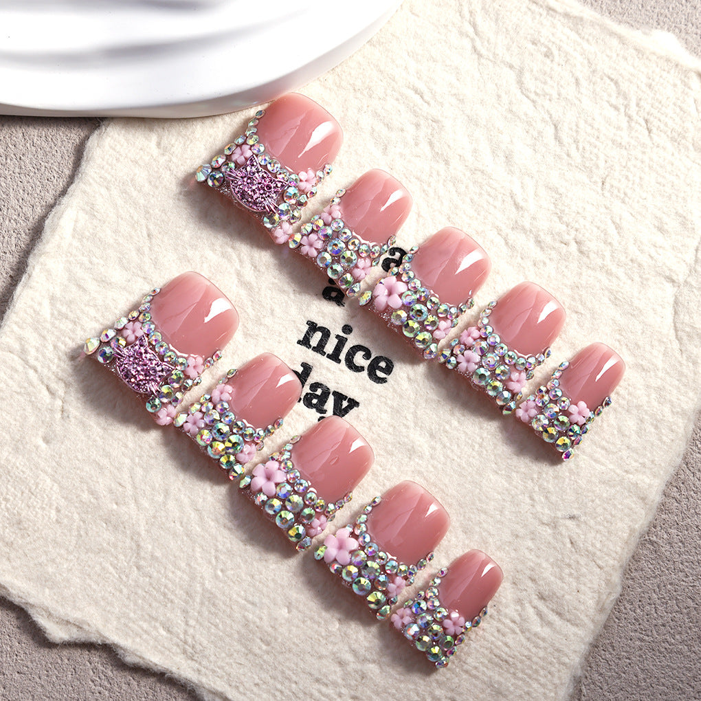 Soft Pink Crystal Floral Press On Nails