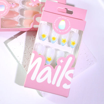 French blue simple nail art film short short round wearing fake nails 3D tropical flower press-on nails wholesale｜365nails