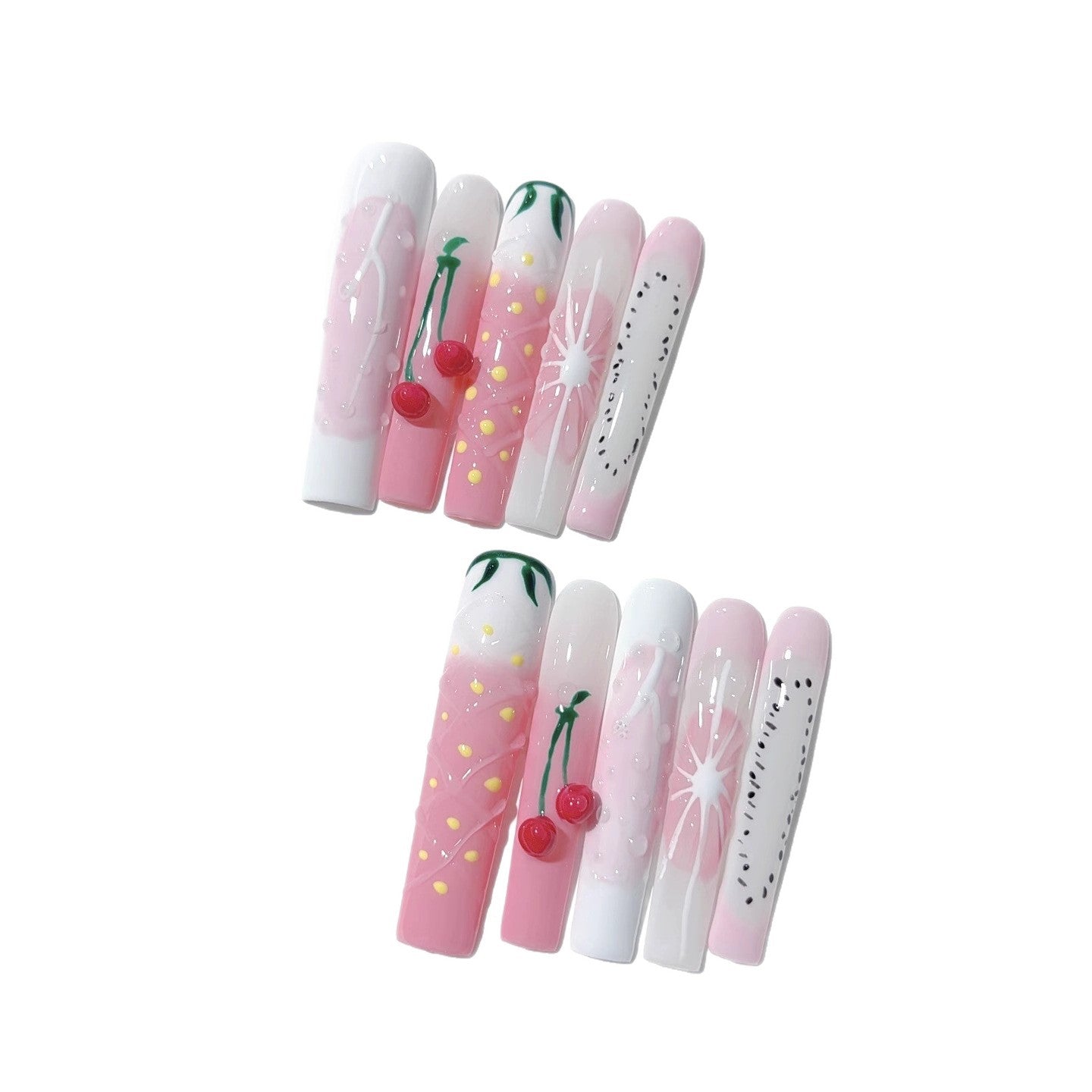 Unhas Postiças em Gel em Tons Pastel Fofas com Gelatina de Fruta de Cereja