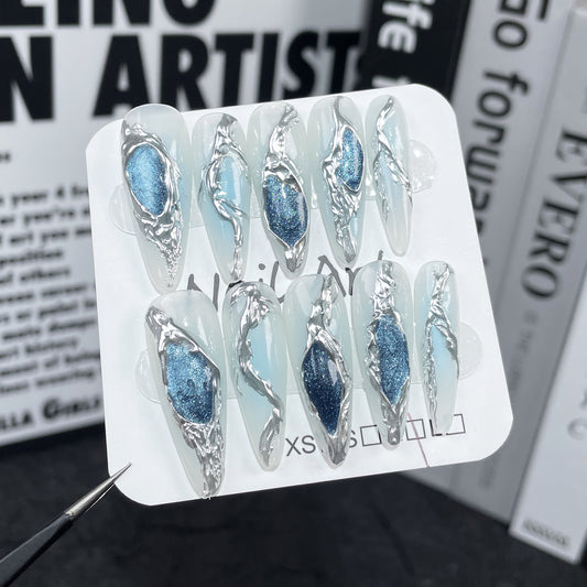 Hot girls hand- ocean blue cat eye metal liquid medium and long  long pointed s｜365nails