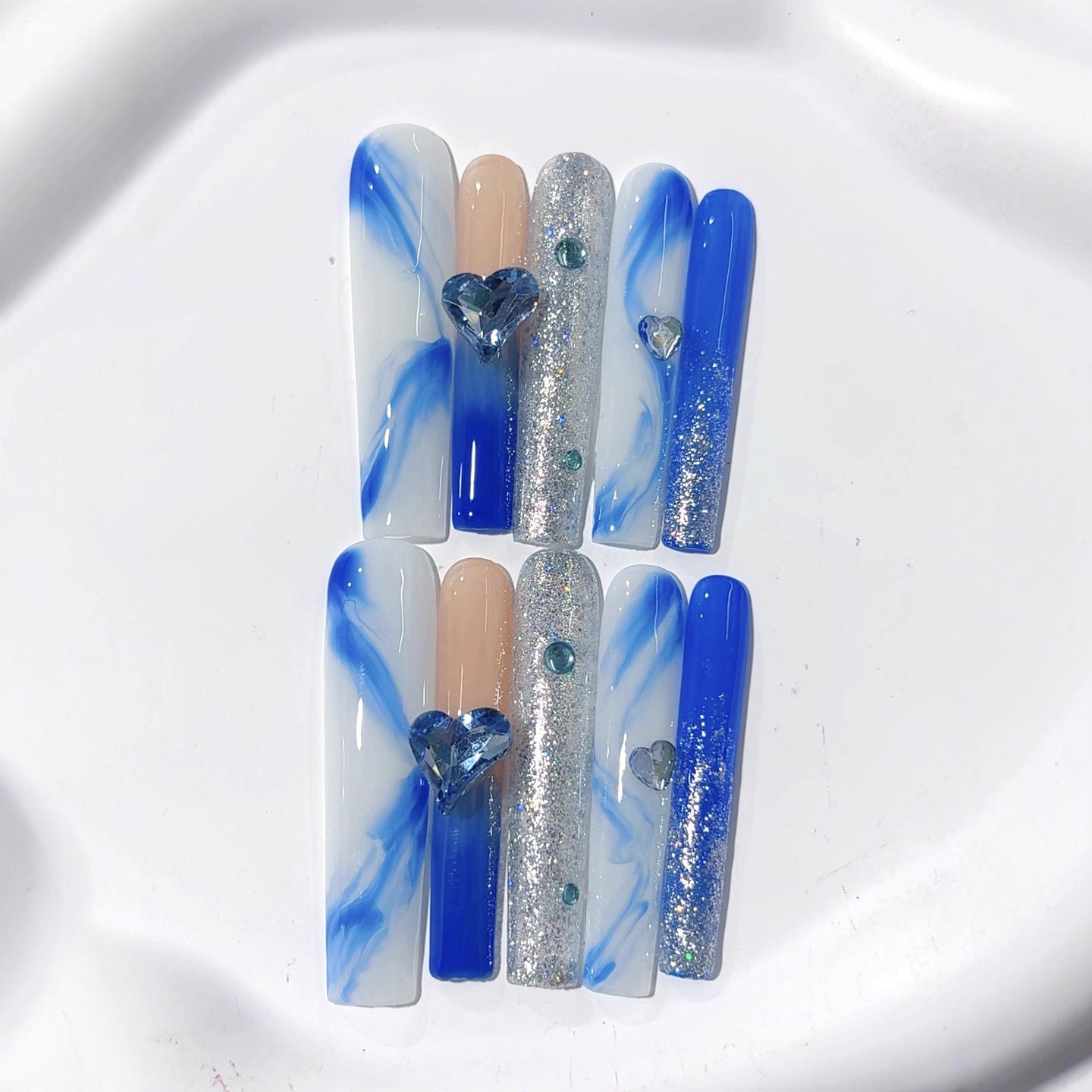 Blue Marble Heart Crystal Glam Press On Nails