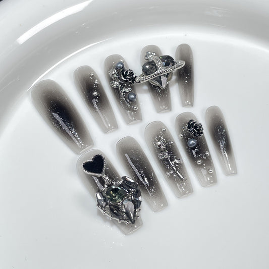 Handmade Press-on Nails spray gun black gills pure desire rose long nail patch flash love wearable nail sticker｜365nails