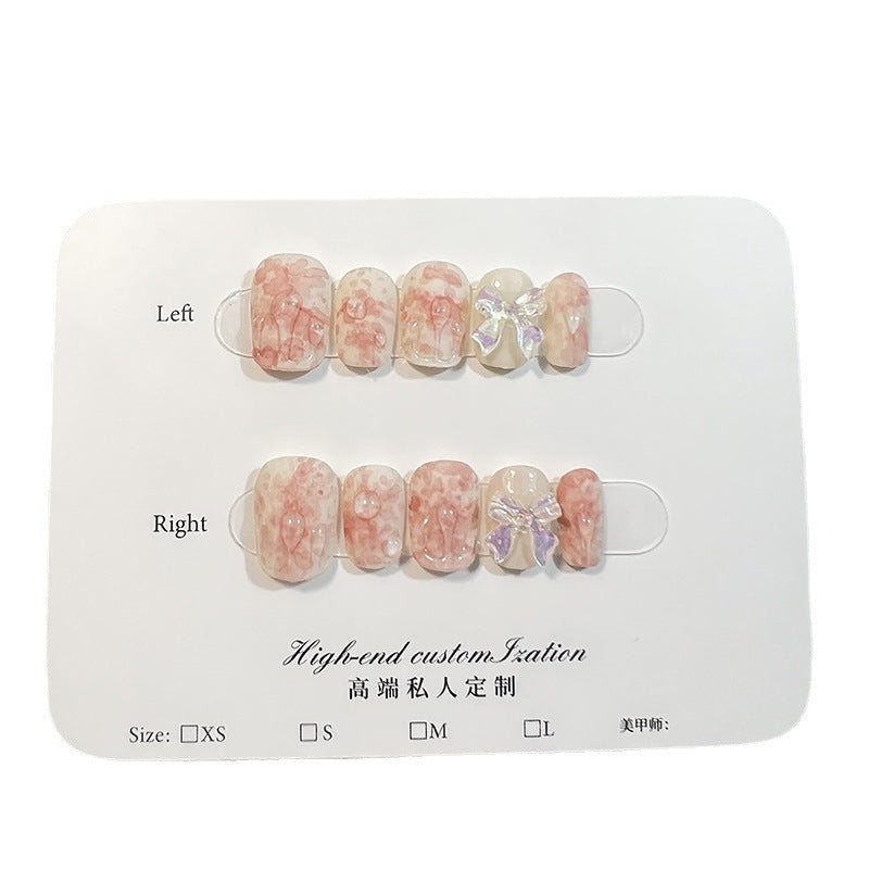 Watercolor smudge sweet and cute bow short manicure patch fake nails small fresh Handmade press on nails wholesale｜365nails