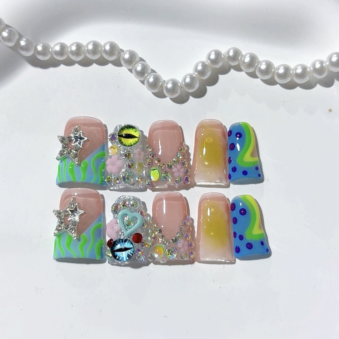 Y2K Ocean Dream: "Neon Tide" – Almond Press-On Nails