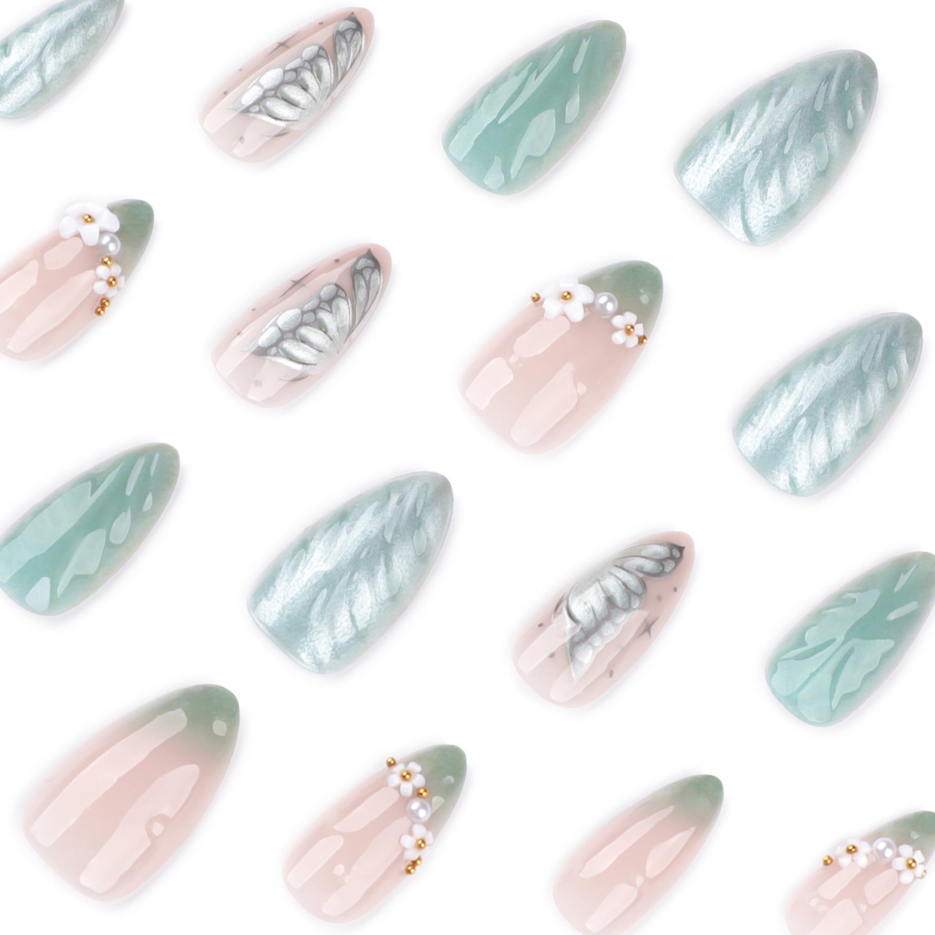 Mist Blue Pearl Accent Nails with Floral Details