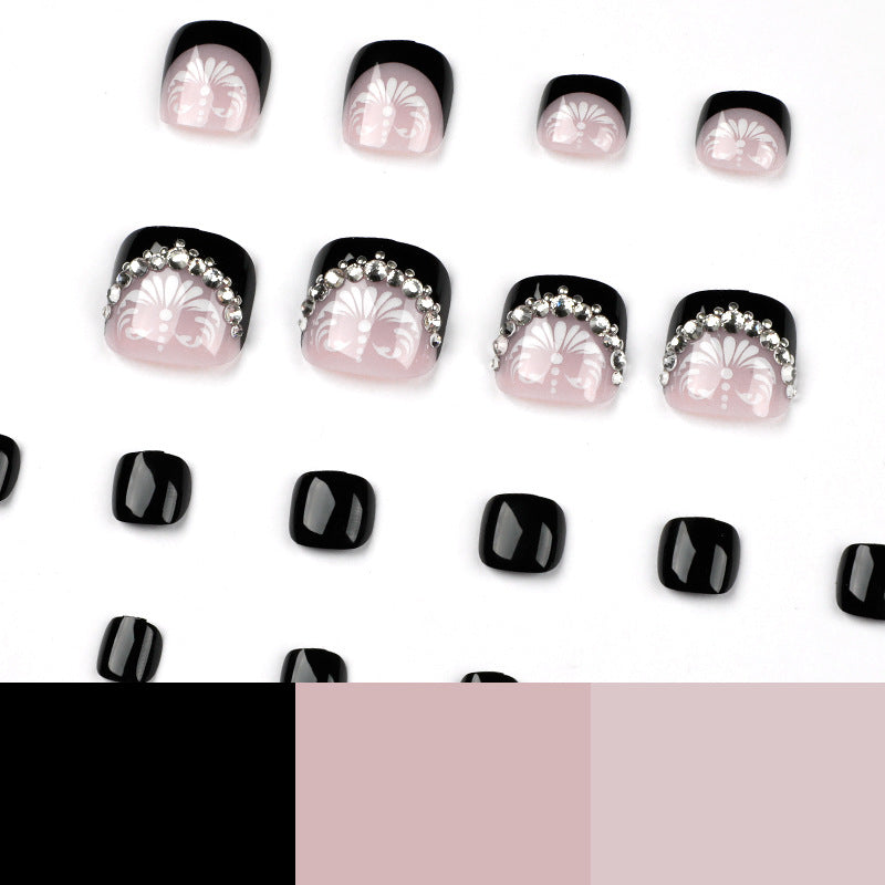 도매 블랙 프렌치 발톱 화이트 플라워 장식 라인스톤 완성 인조 발톱 패치 ｜365nails