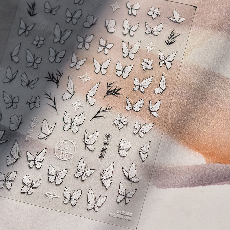 White Ink Butterfly Nail Stickers – 5D Embossed Oriental Art Set