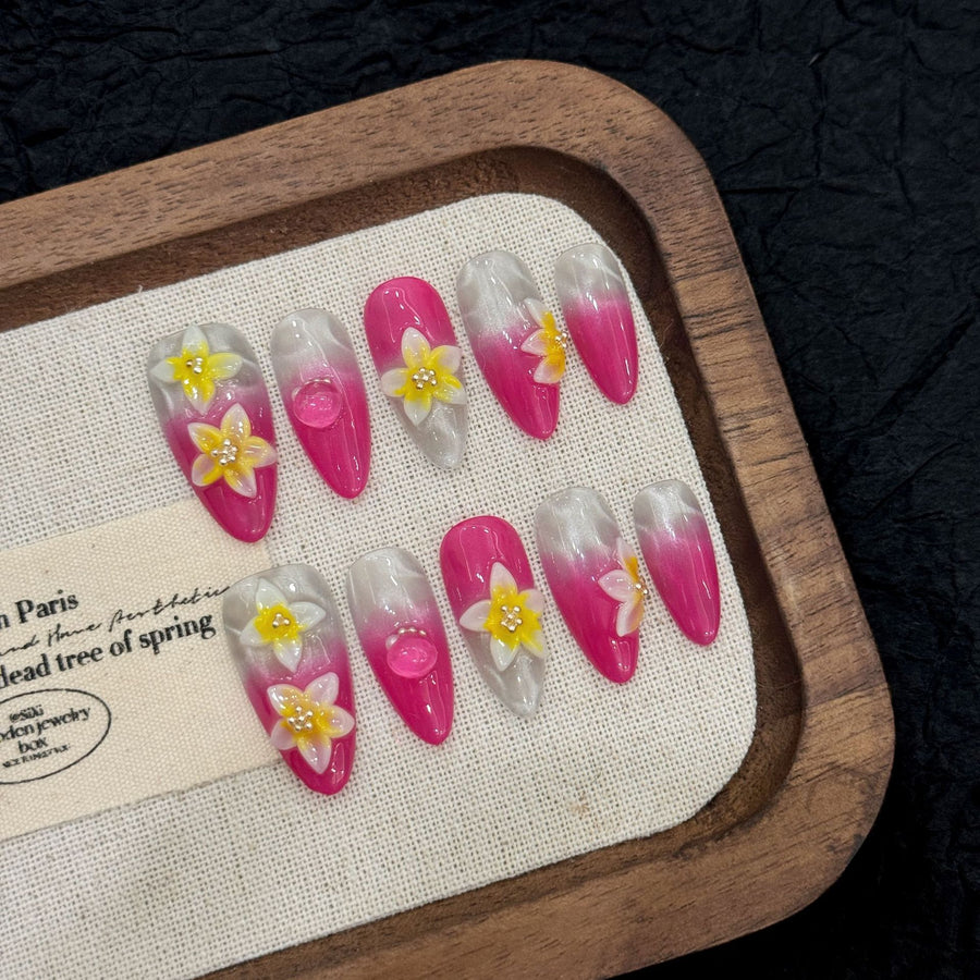 365nails: "트로피컬 블리스" – 3D 플루메리아 플라워 수제 롱 아몬드형 네일팁
