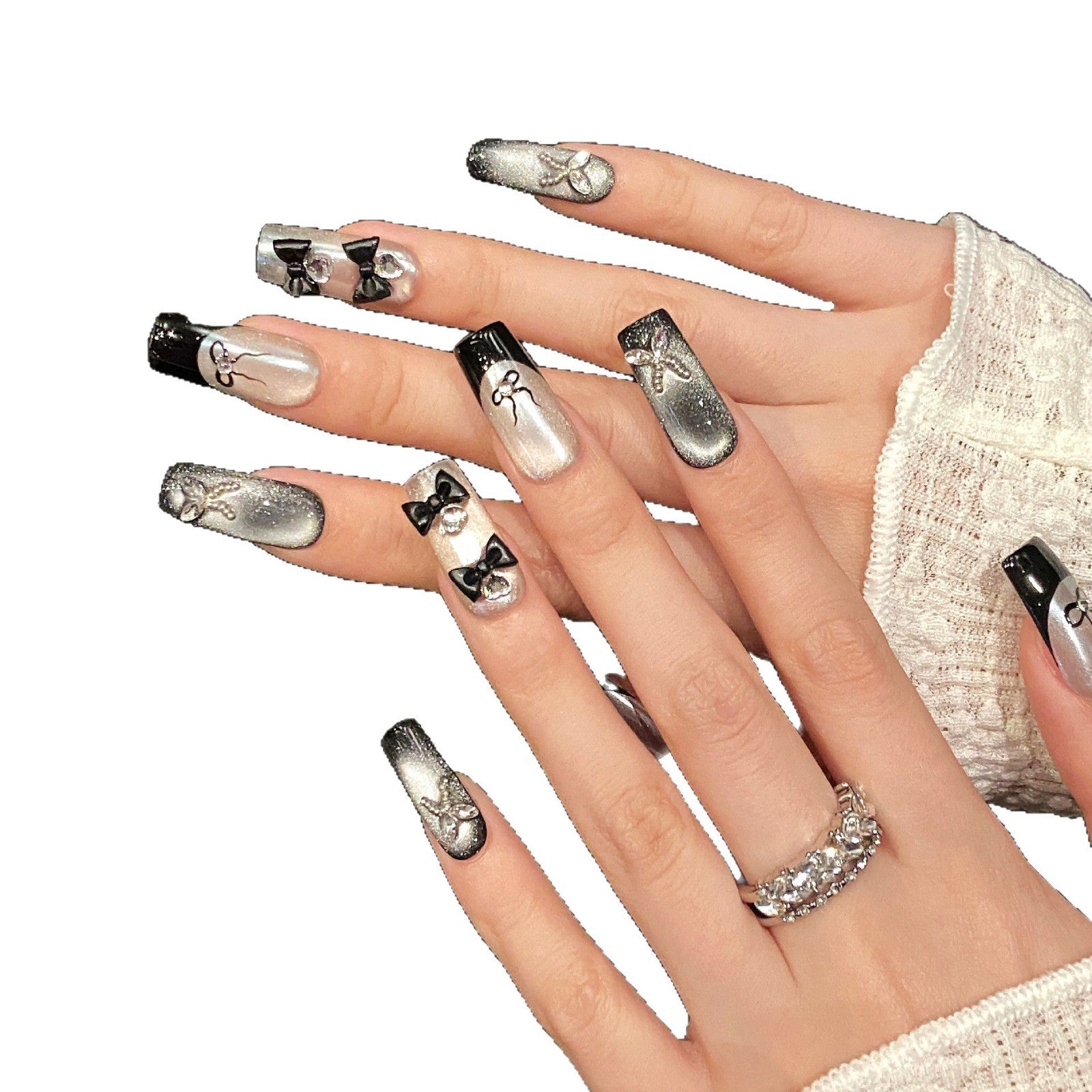 365nails: "Midnight Soiree" – 3D Bowknot & Butterfly Handmade Coffin Nails
