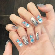 365nails: 「蔚藍幻想」— 3D 蝴蝶與貓眼亮粉手工製長款杏仁形穿戴甲