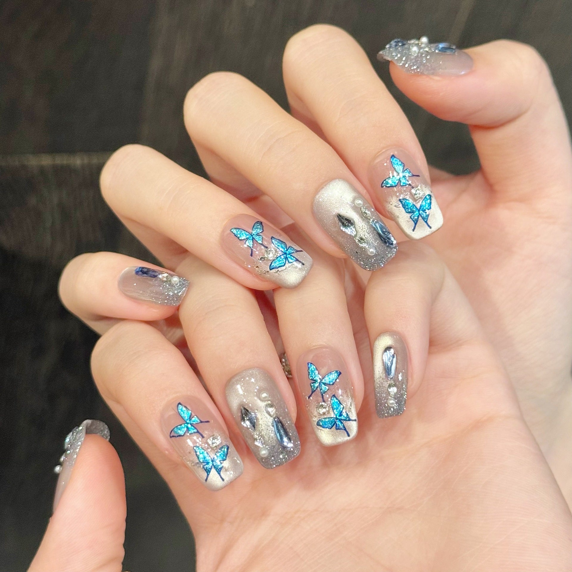 365nails: "Azure Reverie" – 3D Butterfly & Cat-Eye Glitter Handmade Long Almond Nails