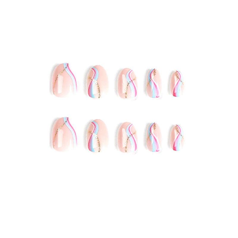 Wearable nail piece short pink blue purple splicing wave nail sticker removable nail piece golden glitter nail piece｜365nails