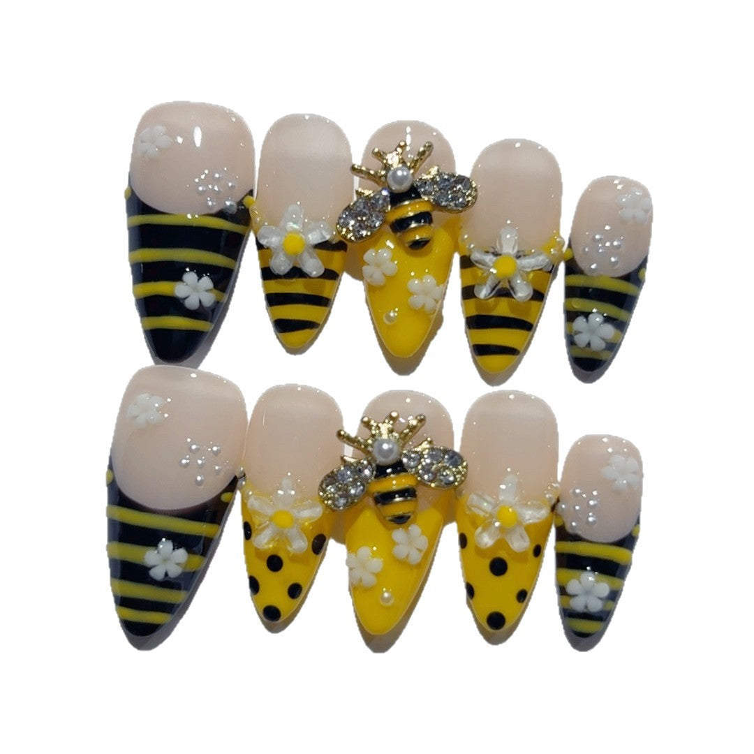 365nails-Honey Buzz: "Bumblebee Daisy" – Almond Shape Handmade 3D Carved Press-On Nails