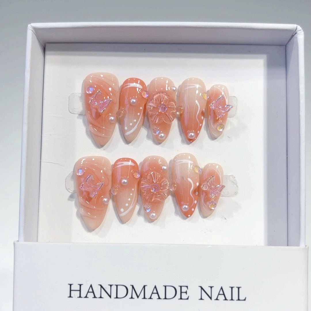 Blush Butterfly: "Peach Blossom Grace" – Almond Press-On Nails