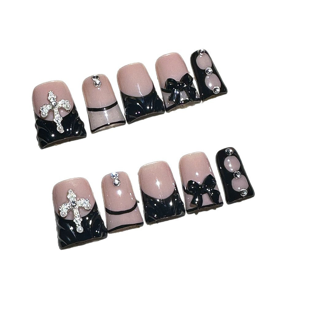 Nude Black French Nails with Cross and Bow Details