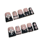 Nude Black French Nails with Cross and Bow Details