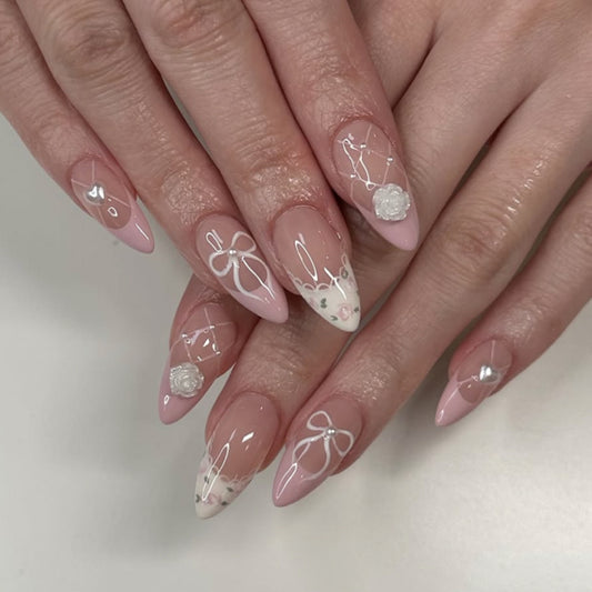 Doce menina vento vestindo armadura manicure francesa pedaço de unha ponta broca tridimensional camélia unha postiça atacado ｜ 365nails