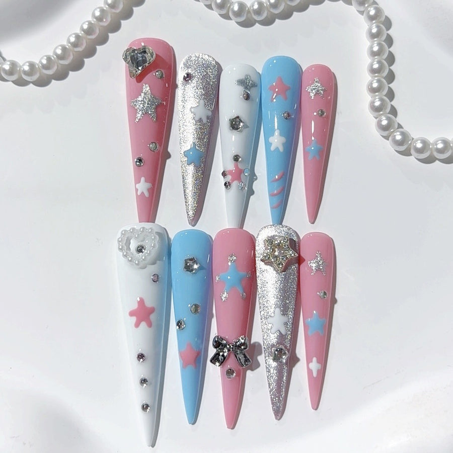 Conjunto de Unhas Postiças Press On Pastel Star Crystal Sweet