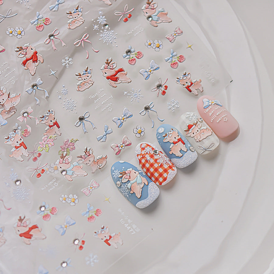 Crystal Christmas Reindeer Nail Stickers – 5D Embossed Festive Whimsy Set