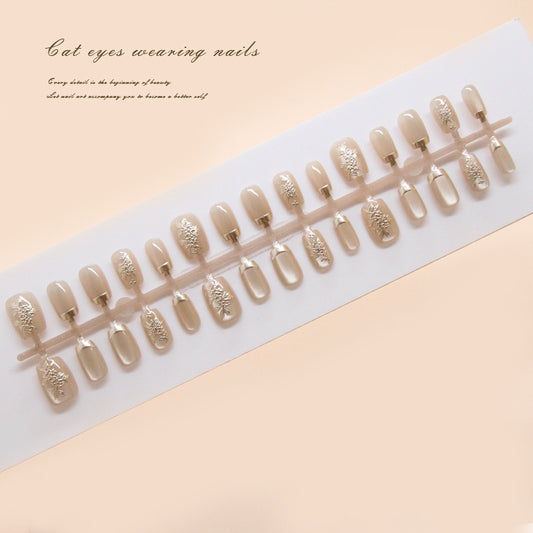 Nail Tips  prefabricated nail beautiful press on nails golden autumn osmanthus chasing light cat eye three-dimensional nail short T nail patch ｜365nails