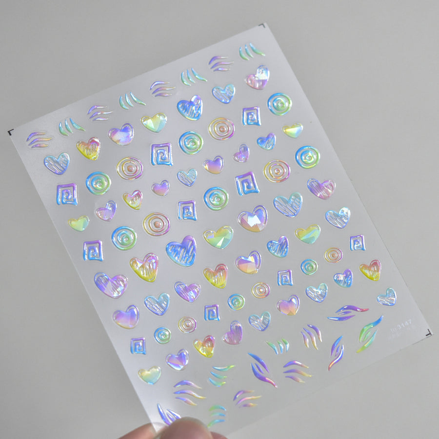 Holographic Geometric Heart Collection: "Rainbow Iridescence" – 3D Holographic Nail Sticker