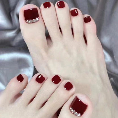 Nail art fake nail  burgundy toenail solid color removable nail piece Press-on toenails nail diamond 24 pieces｜365nails