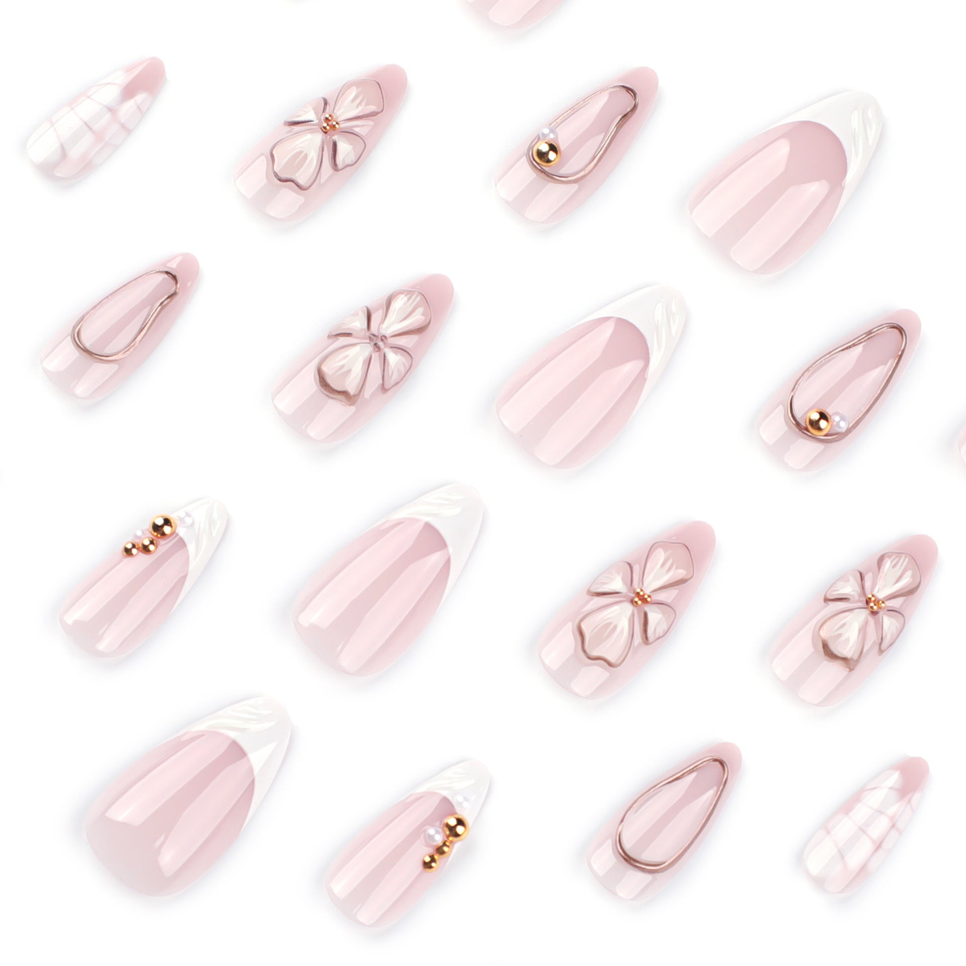 Short almond 3D three-dimensional flower fresh press-on nails