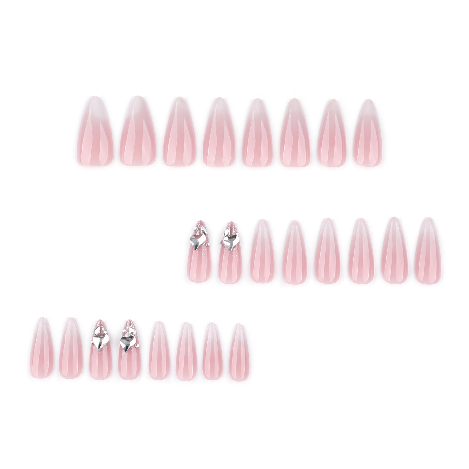 Pink Ombre Stiletto Press On Nails with Silver Rhinestone Charms