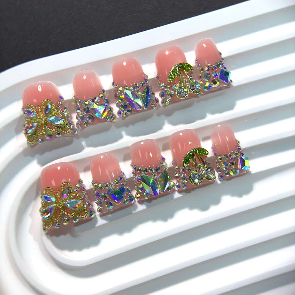Pink Jelly Nails with Butterfly and Cherry Crystal Charms