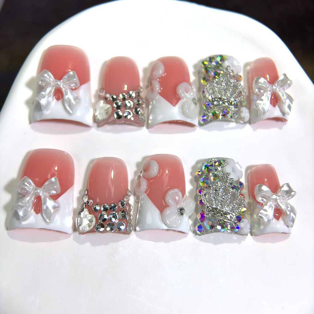 Pink White Bow Crystal French Press On Nails