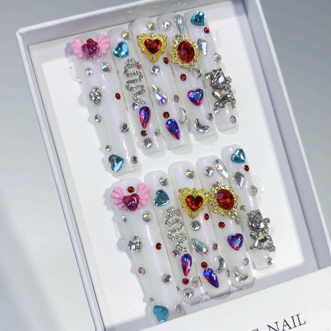 White Crystal Charm Press On Nails